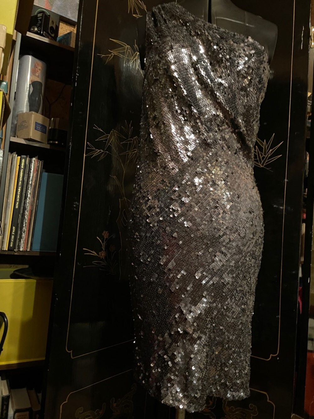 NWT ABS One-Shoulder Sequin Dress in Charcoal - Picture 2 of 6
